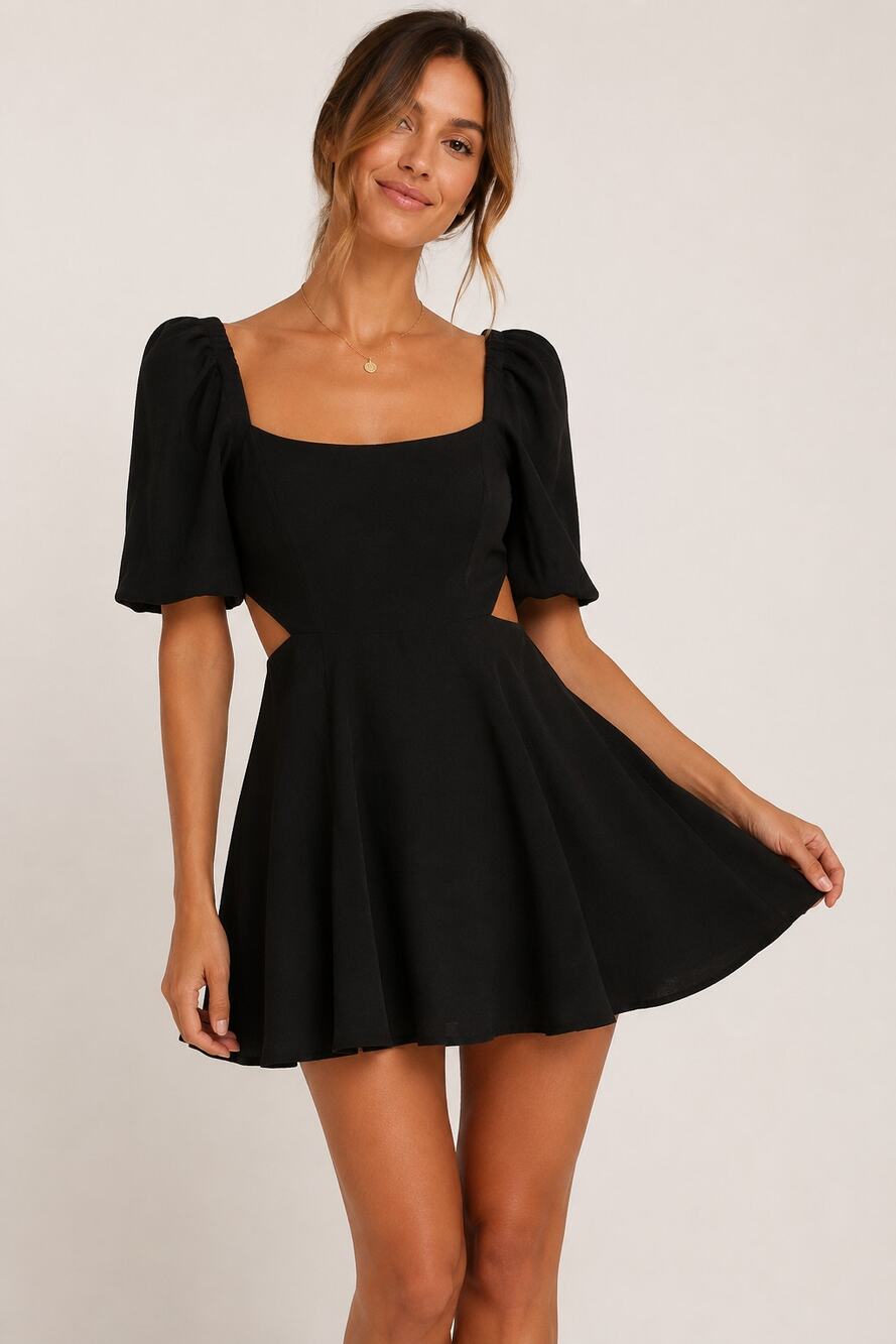 Lucy Paris BL-DR8040 Black Venice Cut-Out Short Sleeve Mini Dress Small NWT $88